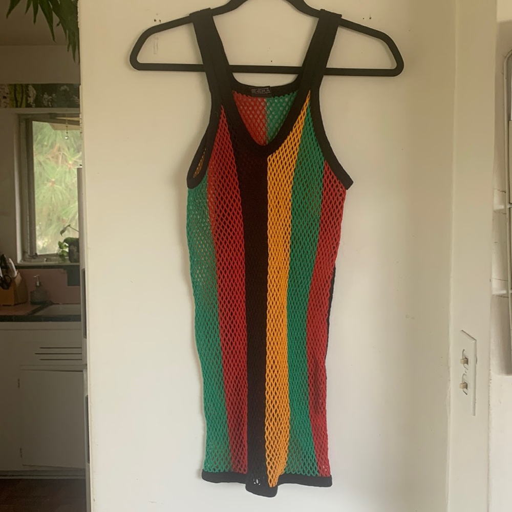 BURNING MAN ✨Vintage fishnet Rasta green red black yellow striped tank top dress